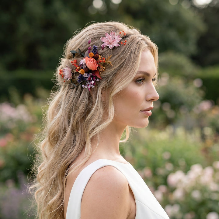 Woman with floral hairpiece in a garden setting