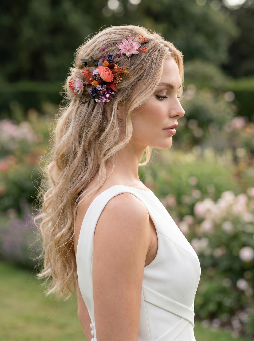 Woman with floral hairpiece in a garden setting