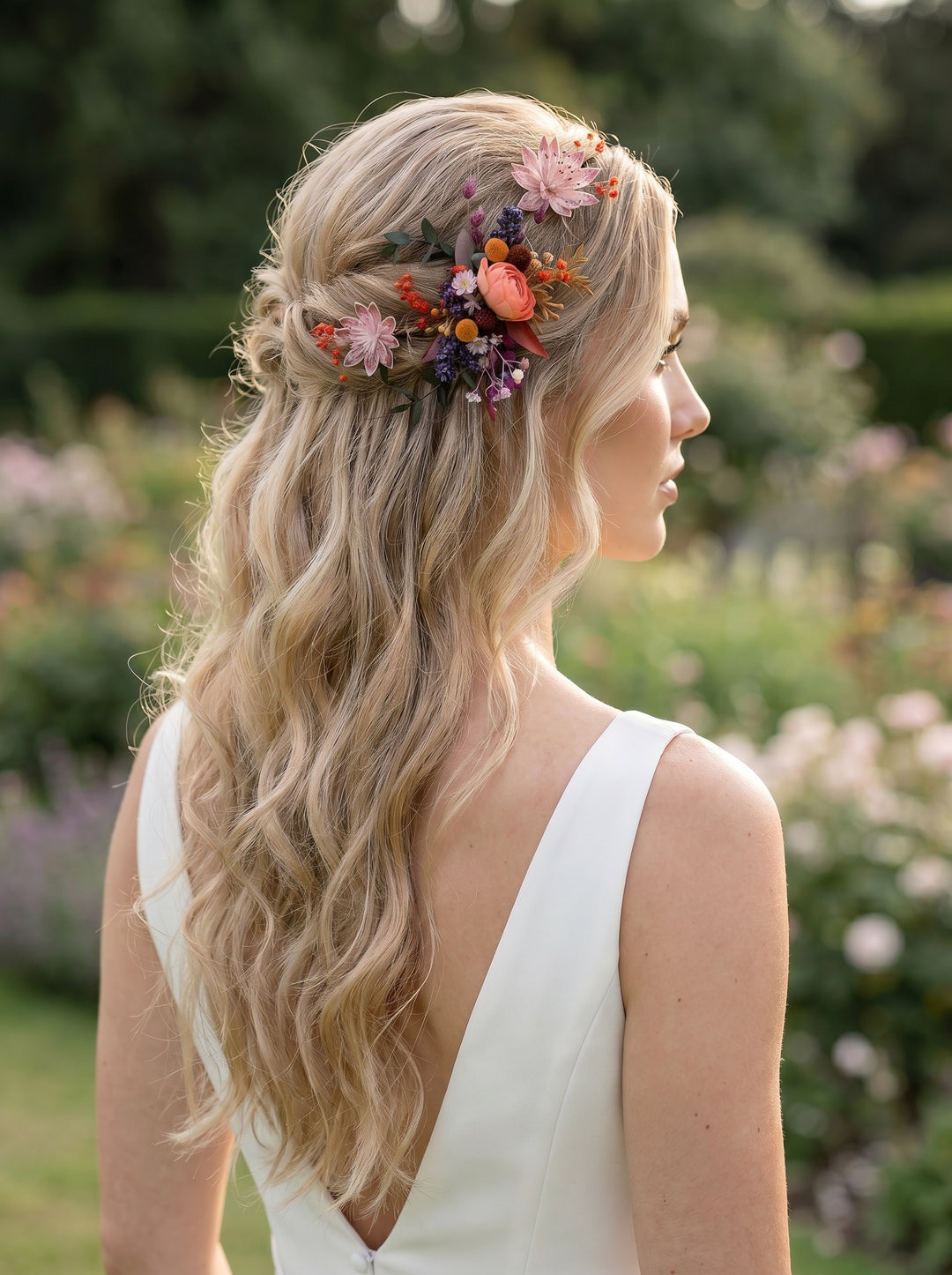 Woman with floral hairpiece in a garden setting