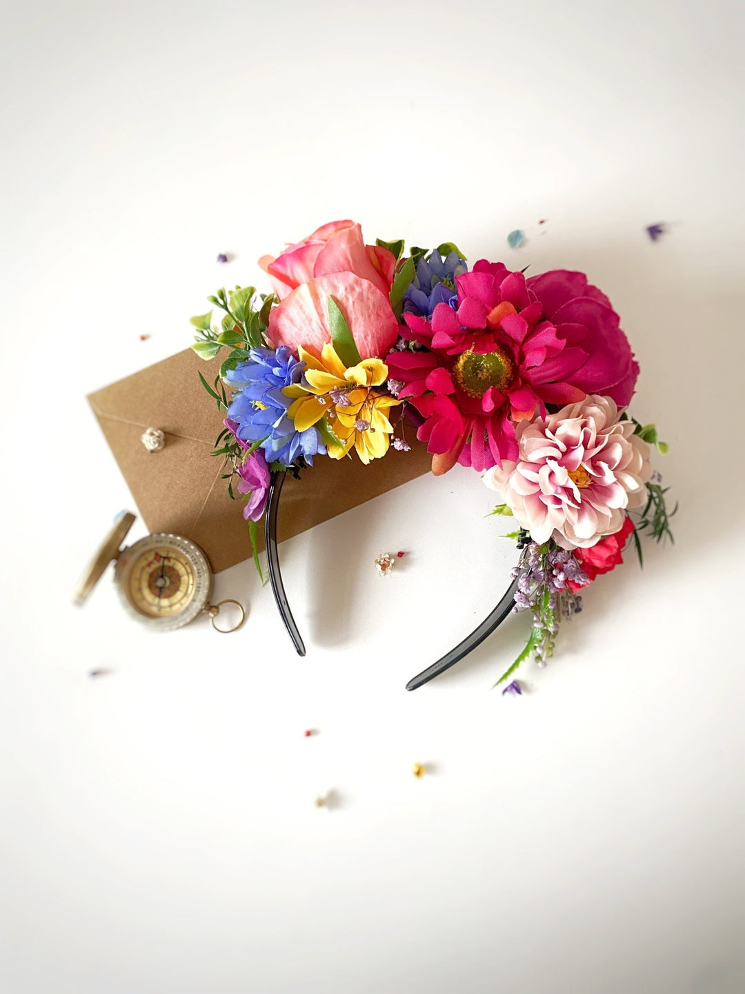 Carnival flower headpiece: pink, yellow and blue Frida headband – handmade floral hair accessory by magaela