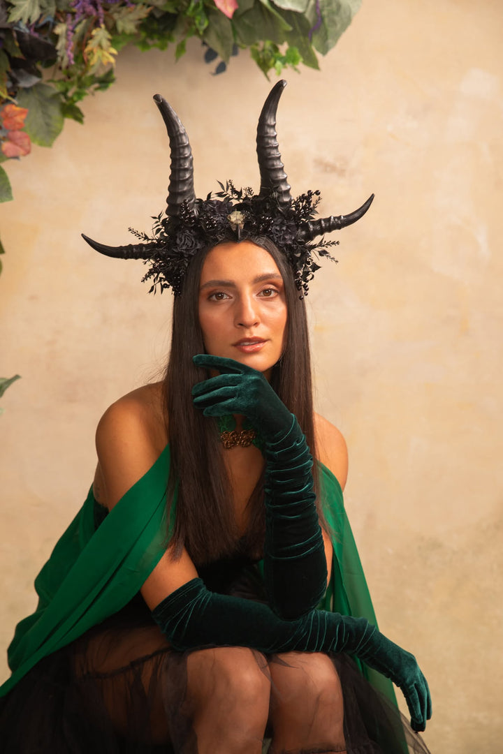 Black Horn Headband with Flowers for a Forest Witch – handmade floral hair accessory by magaela