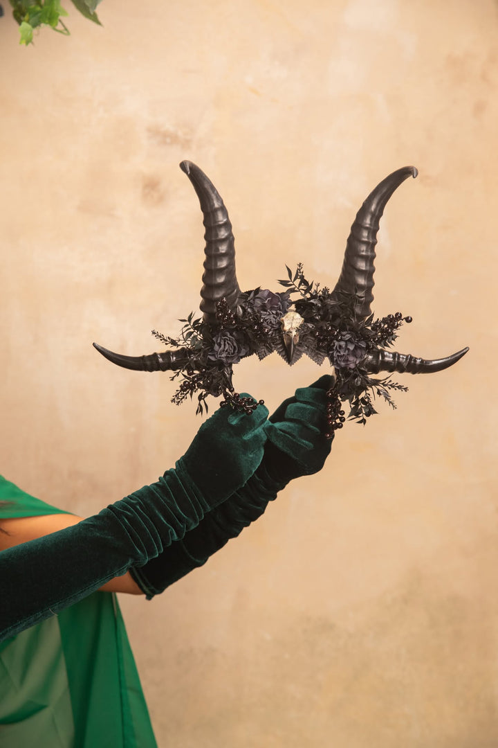 Black Horn Headband with Flowers for a Forest Witch – handmade floral hair accessory by magaela