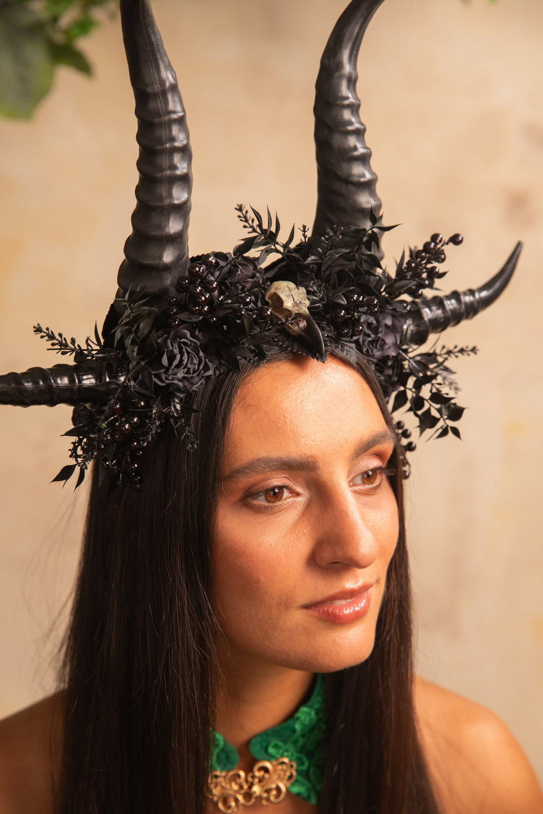 Black Horn Headband with Flowers for a Forest Witch – handmade floral hair accessory by magaela