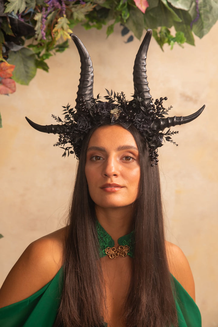 Black Horn Headband with Flowers for a Forest Witch – handmade floral hair accessory by magaela