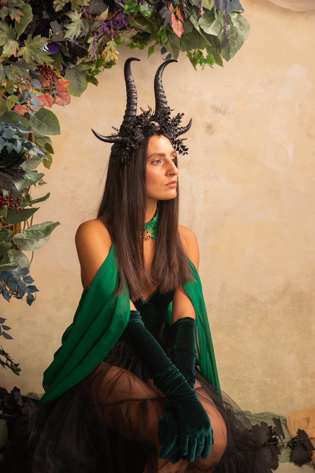Black Horn Headband with Flowers for a Forest Witch – handmade floral hair accessory by magaela