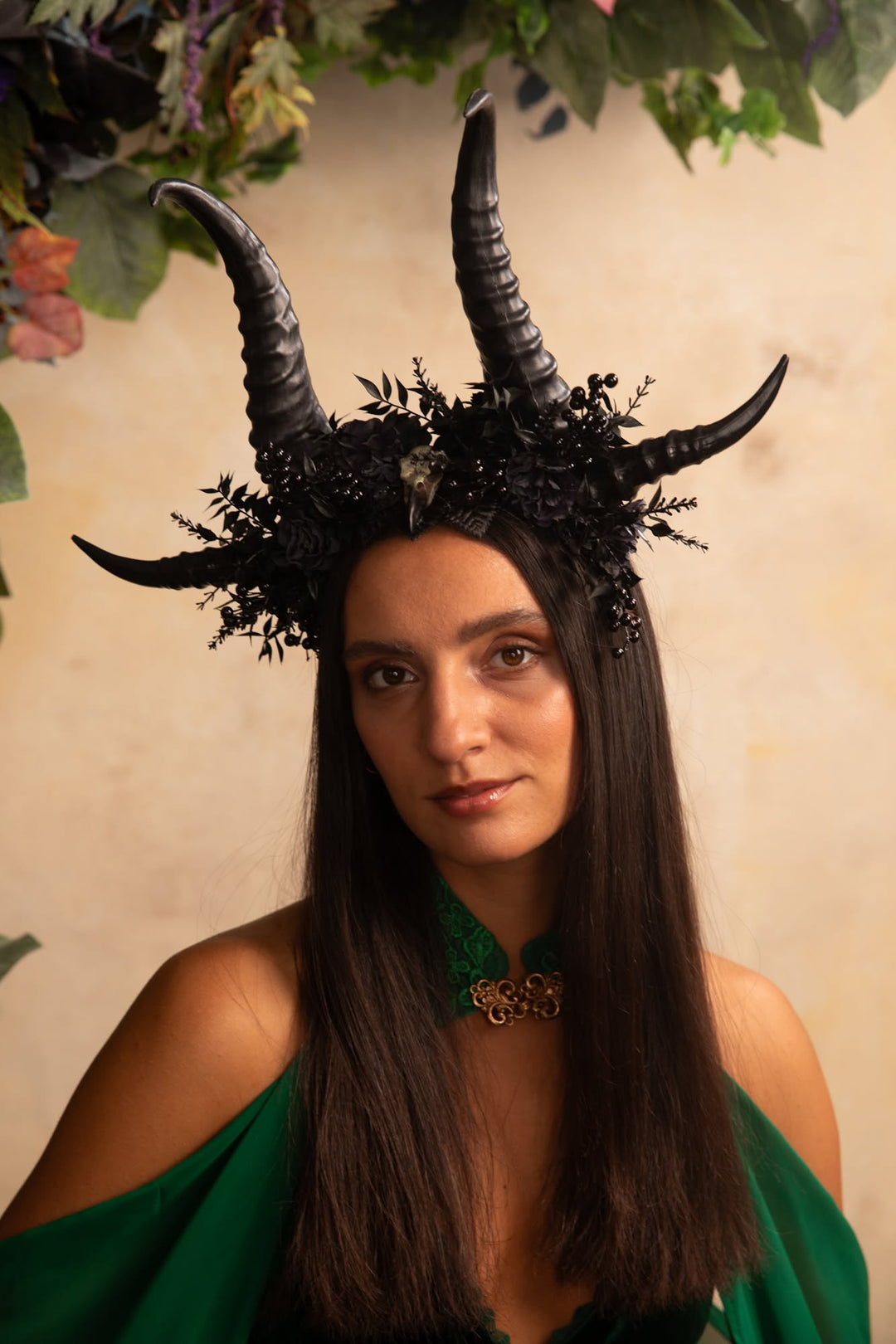 Black Horn Headband with Flowers for a Forest Witch – handmade floral hair accessory by magaela
