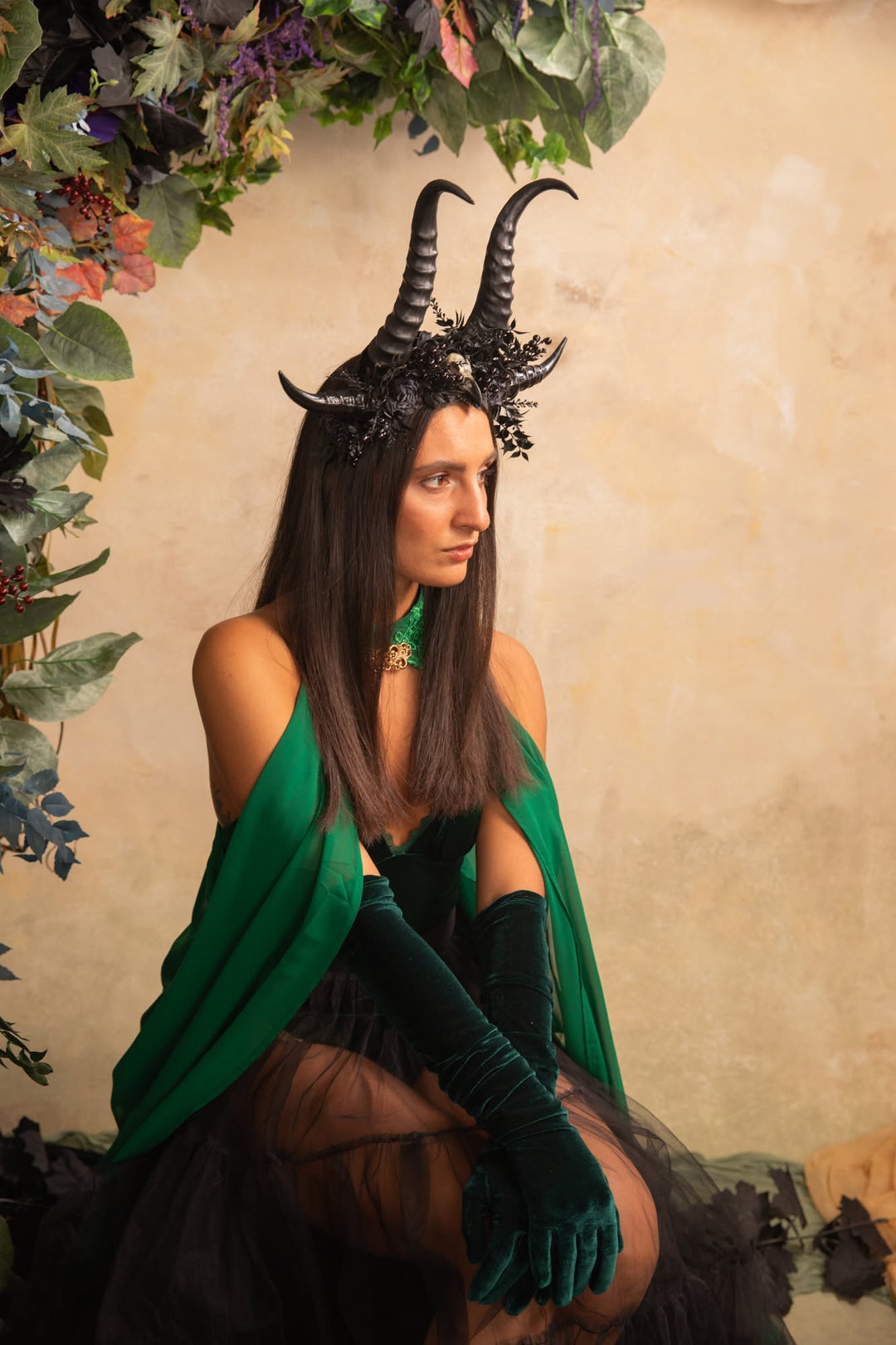 Black Horn Headband with Flowers for a Forest Witch – handmade floral hair accessory by magaela