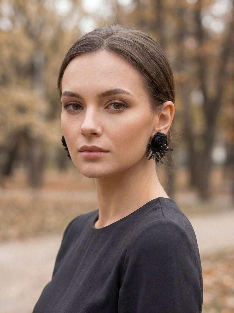 Black Peony Stud Earrings | Black Collection – handmade floral hair accessory by magaela