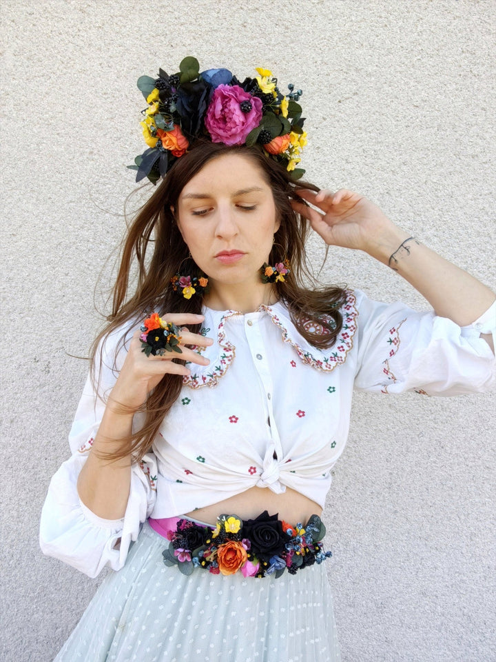 Black Rose Wedding Belt: Magenta Ribbon, Boho Bridal Flower Belt – handmade floral hair accessory by magaela