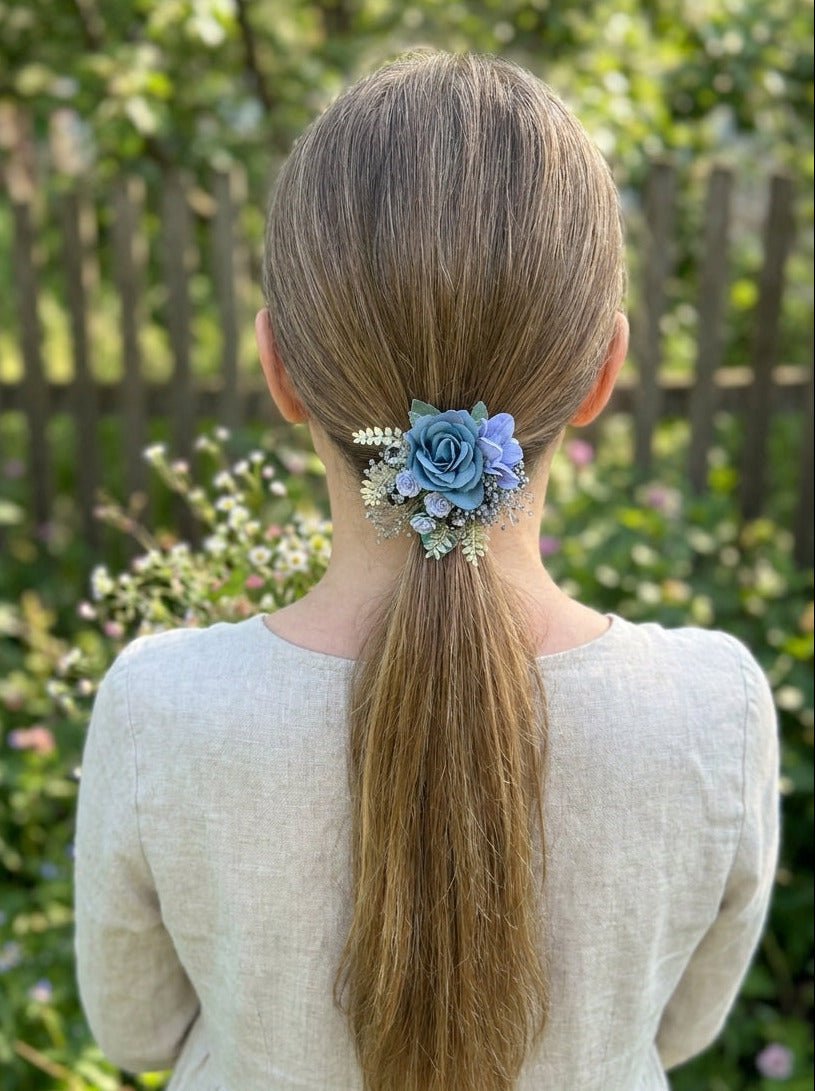 Blue Floral Hair Tie with Roses and Gypsophila – handmade floral hair accessory by magaela