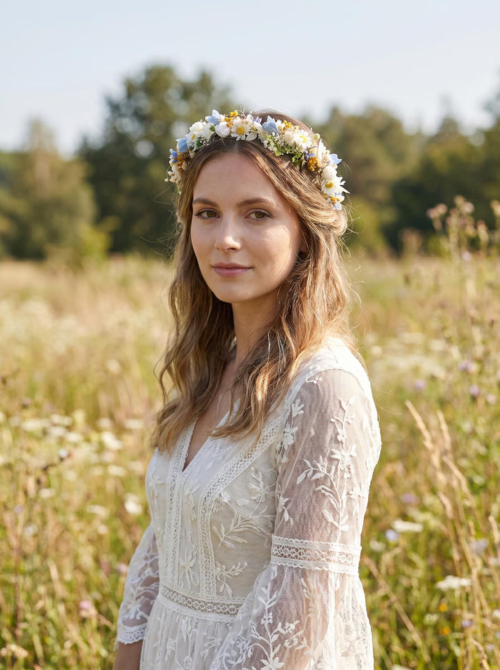 Woman in a white dress with a floral crown standing in a field of wildflowers.