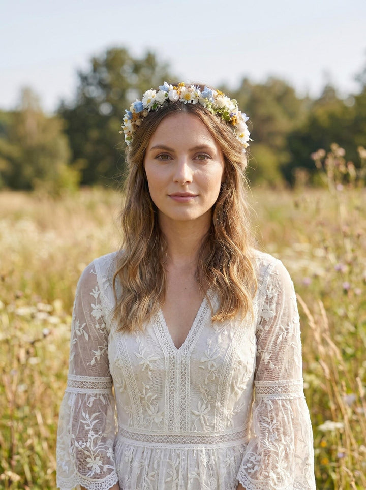 Meadow Flower Headband: White, Blue, & Daisy Bridal Headpiece – handmade floral hair accessory by magaela