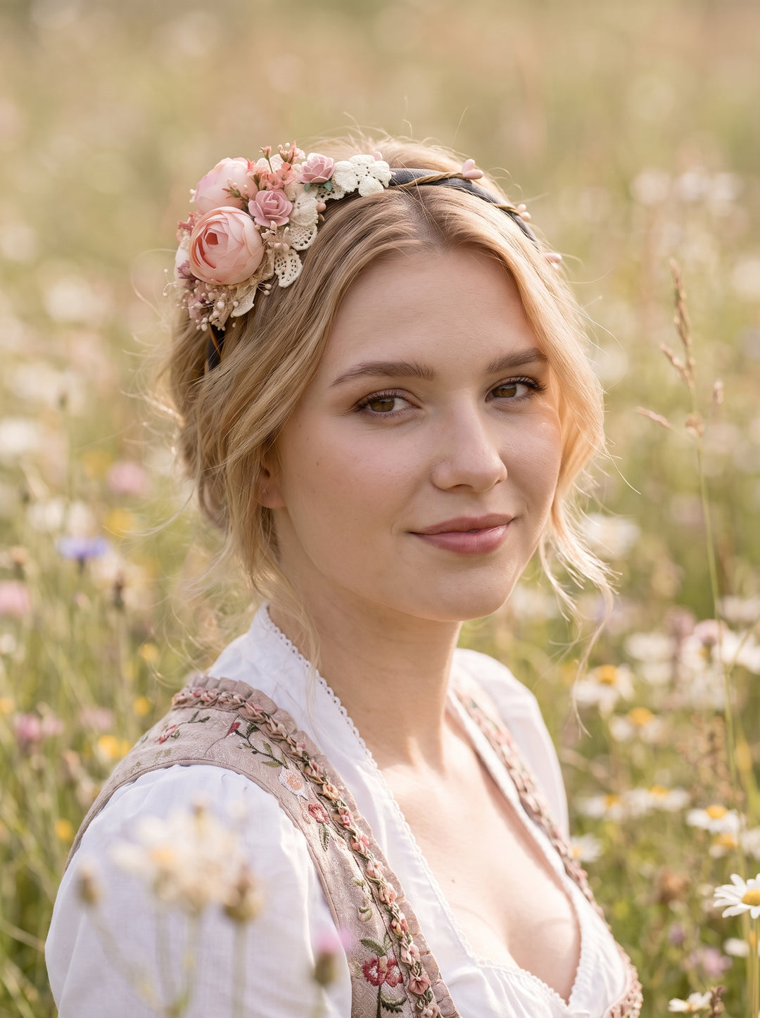 A woman in a white blouse with a floral embroidered vest and a pink flower crown stands in a sunlit wildflower field.