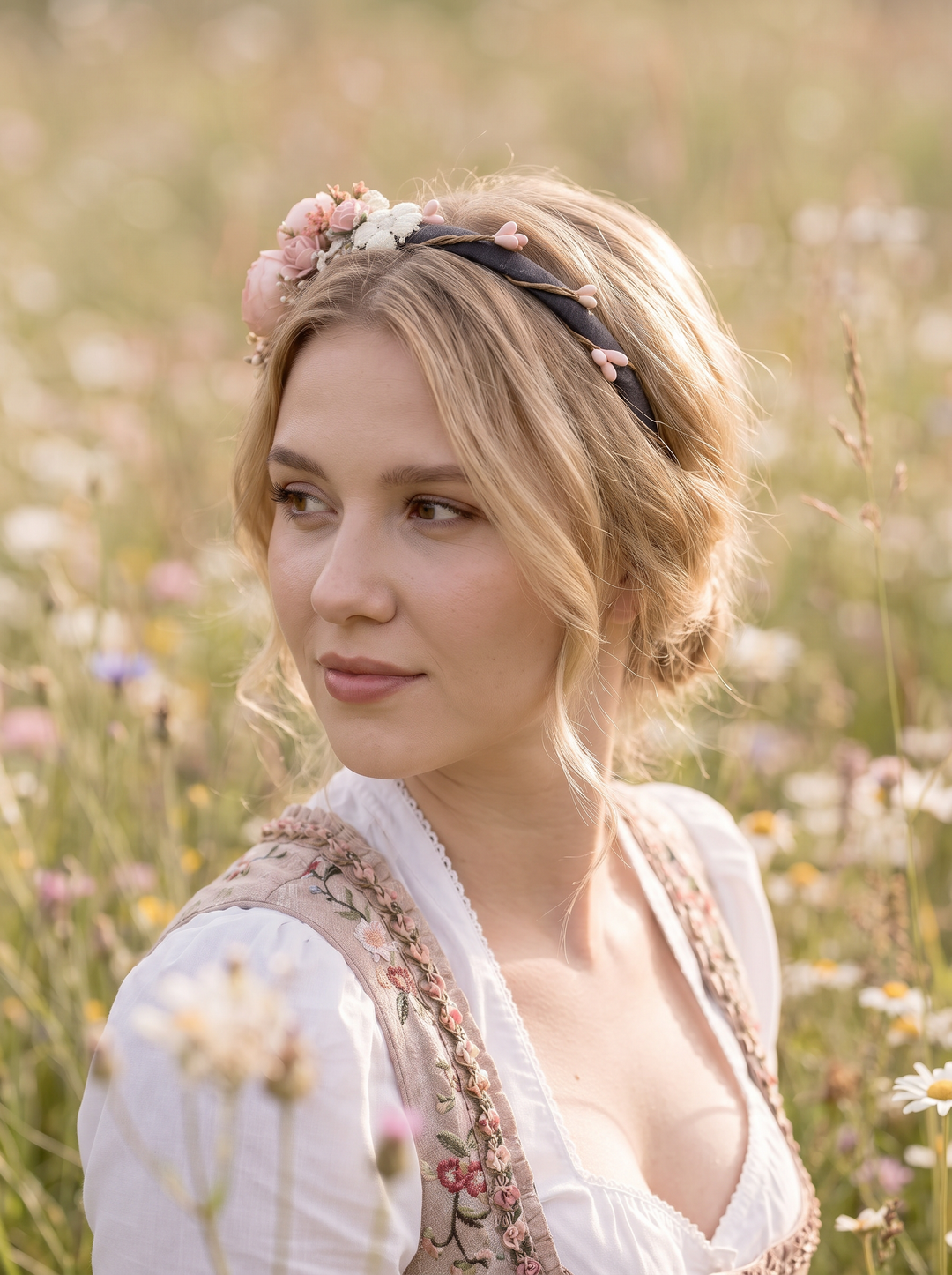 A woman in a white blouse and embroidered vest standing in a sunlit wildflower field, wearing a floral headband with pink and white blossoms.