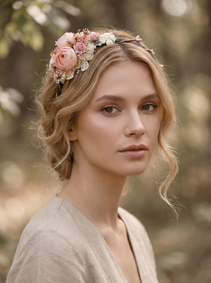 Romantic Blush Peony Headband with Lace – Vintage Floral Hair Accessory – handmade floral hair accessory by magaela