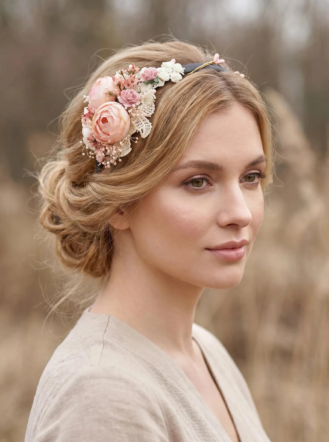 Romantic Blush Peony Headband with Lace – Vintage Floral Hair Accessory – handmade floral hair accessory by magaela