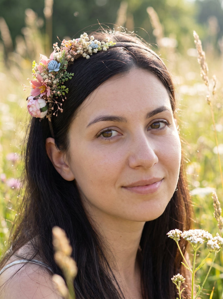 Blush Blue Wildflower Side Hair Headband with Peony, Blue Roses and Gypsophila – handmade floral hair accessory by magaela