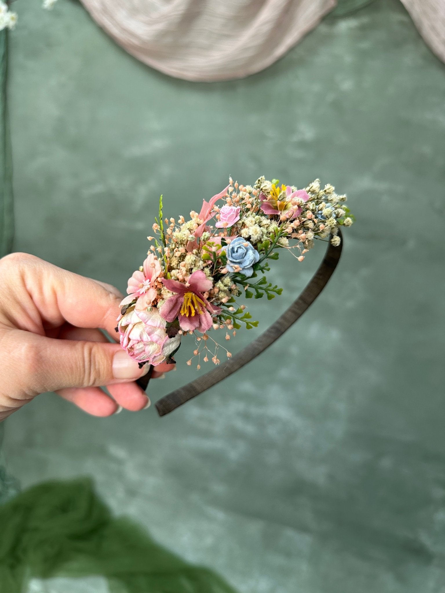 Blush Blue Wildflower Side Hair Headband with Peony, Blue Roses