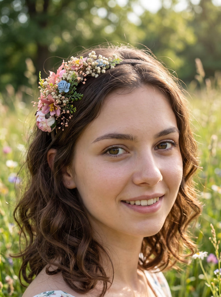 Blush Blue Wildflower Side Hair Headband with Peony, Blue Roses and Gypsophila – handmade floral hair accessory by magaela