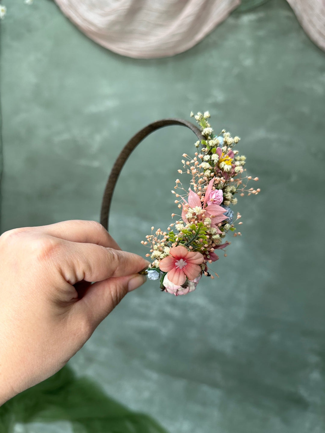 Blush Blue Wildflower Side Hair Headband with Peony, Blue Roses and Gypsophila – handmade floral hair accessory by magaela