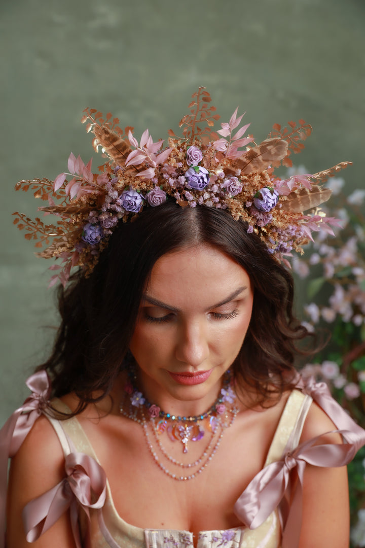 Boho Fall Flower Crown with Purple Flowers and Feathers – Statement Bridal Headpiece – handmade floral hair accessory by magaela