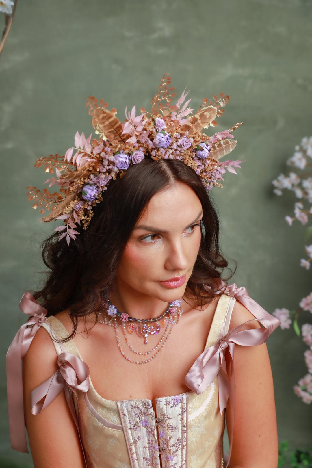 Boho Fall Flower Crown with Purple Flowers and Feathers – Statement Bridal Headpiece – handmade floral hair accessory by magaela