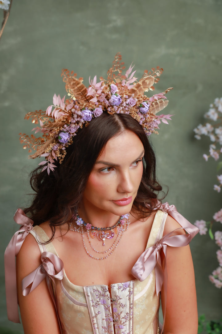 Boho Fall Flower Crown with Purple Flowers and Feathers – Statement Bridal Headpiece – handmade floral hair accessory by magaela