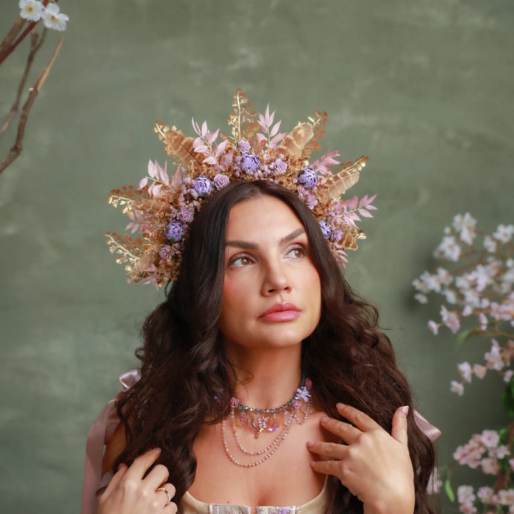 Boho Fall Flower Crown with Purple Flowers and Feathers – Statement Bridal Headpiece – handmade floral hair accessory by magaela