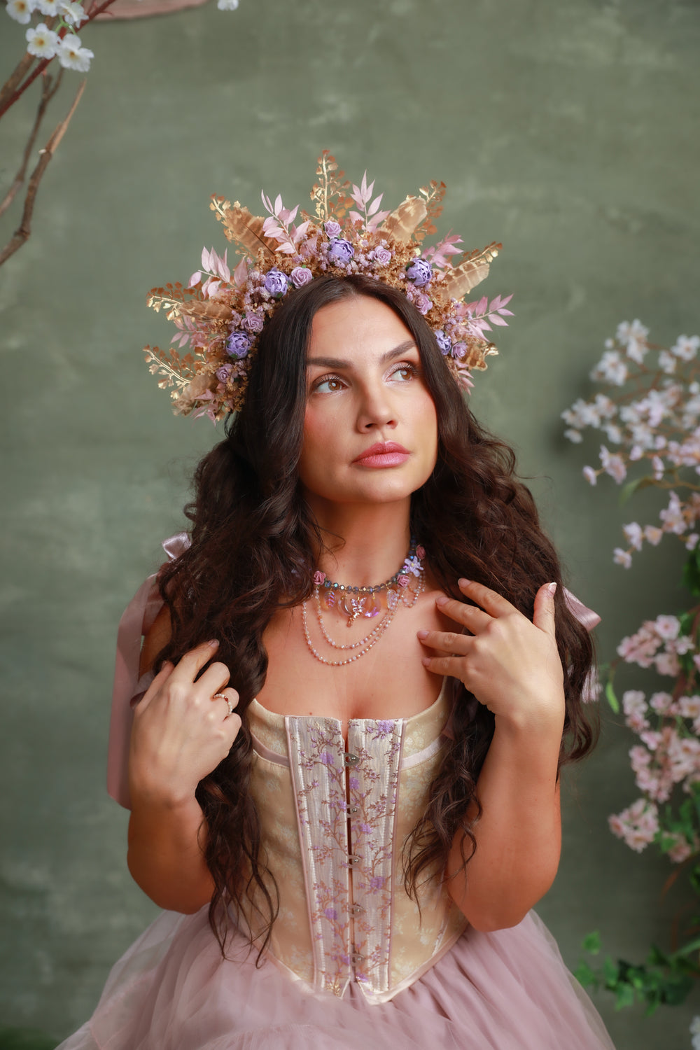 Fairy Vintage Necklace in Pink and Lilac – Bridgerton Inspired Bridal Jewelry – handmade floral hair accessory by magaela