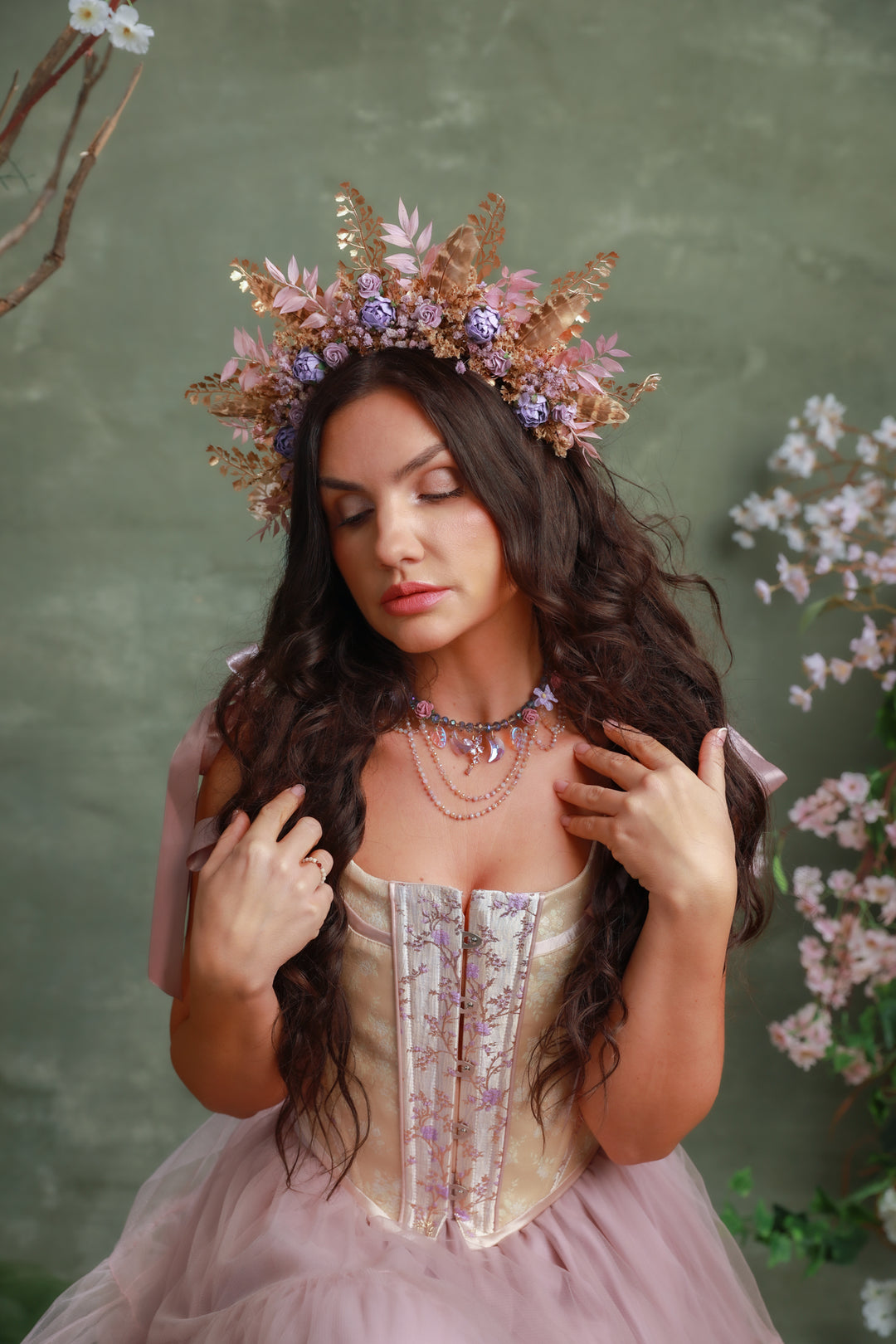 Fairy Vintage Necklace in Pink and Lilac – Bridgerton Inspired Bridal Jewelry – handmade floral hair accessory by magaela