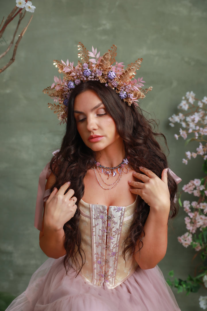 Fairy Vintage Necklace in Pink and Lilac – Bridgerton Inspired Bridal Jewelry – handmade floral hair accessory by magaela