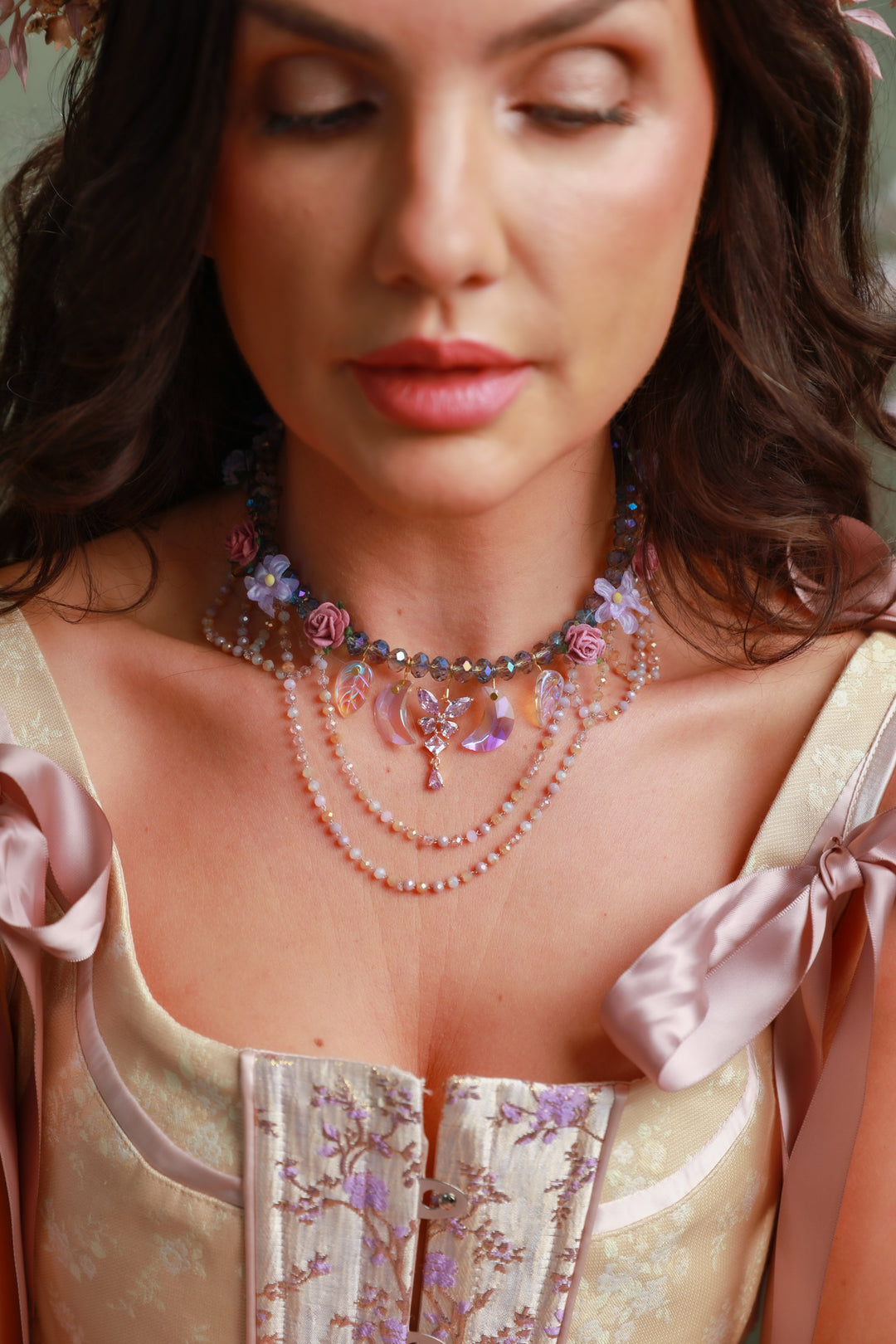 Fairy Vintage Necklace in Pink and Lilac – Bridgerton Inspired Bridal Jewelry – handmade floral hair accessory by magaela