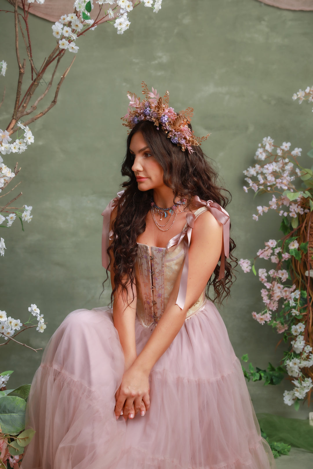 Boho Fall Flower Crown with Purple Flowers and Feathers – Statement Bridal Headpiece – handmade floral hair accessory by magaela