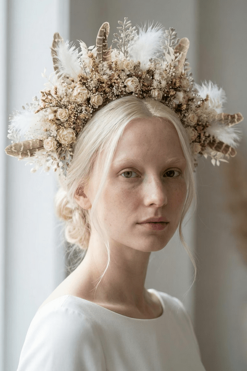 Person wearing a decorative headpiece made of cream flowers and feathers against a neutral background