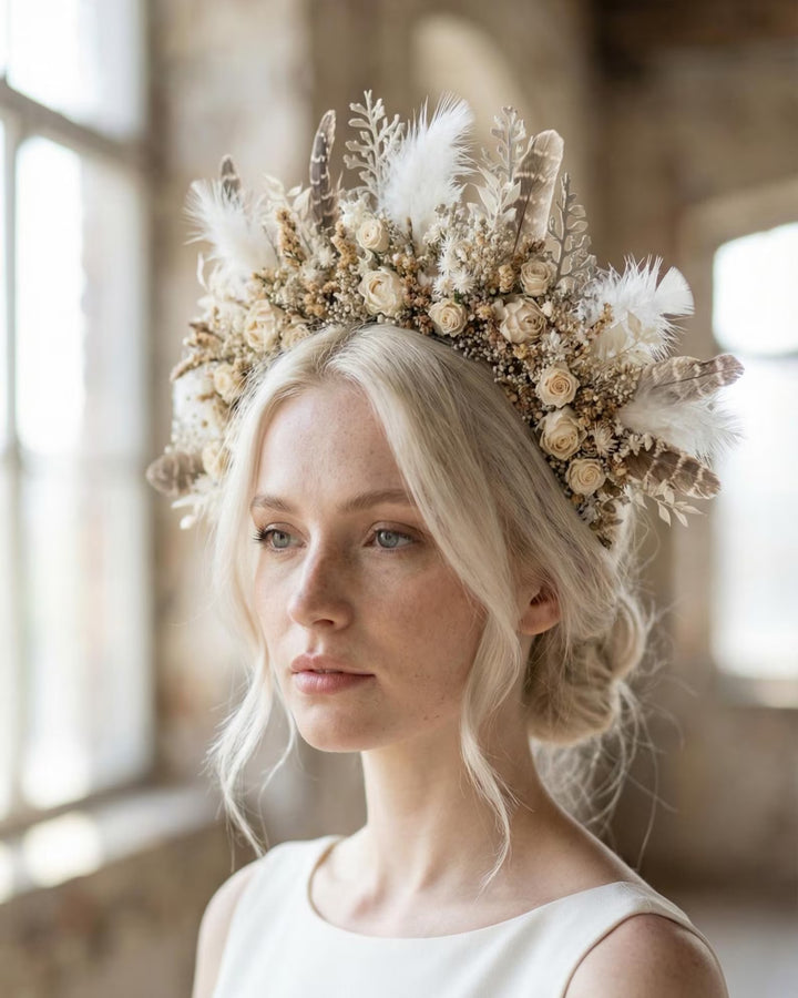 Woman wearing a floral and feather headpiece indoors with natural light.