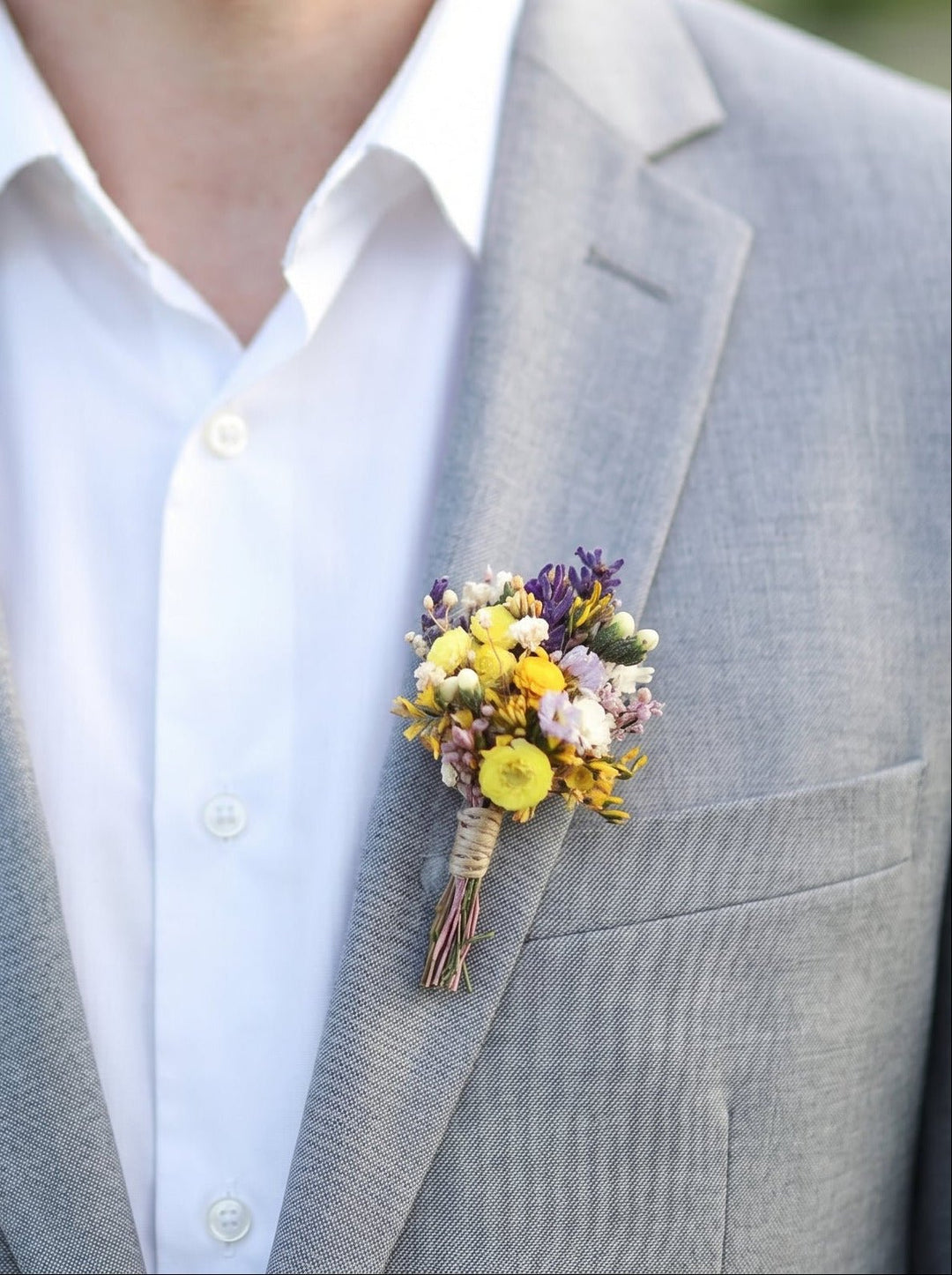 Wildflower Meadow Boutonniere with Lavender, Billy Buttons and Preserved Botanicals – handmade floral hair accessory by magaela