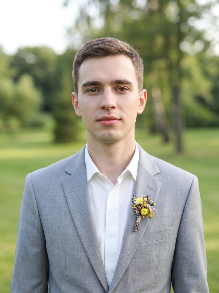 Wildflower Meadow Boutonniere with Lavender, Billy Buttons and Preserved Botanicals – handmade floral hair accessory by magaela