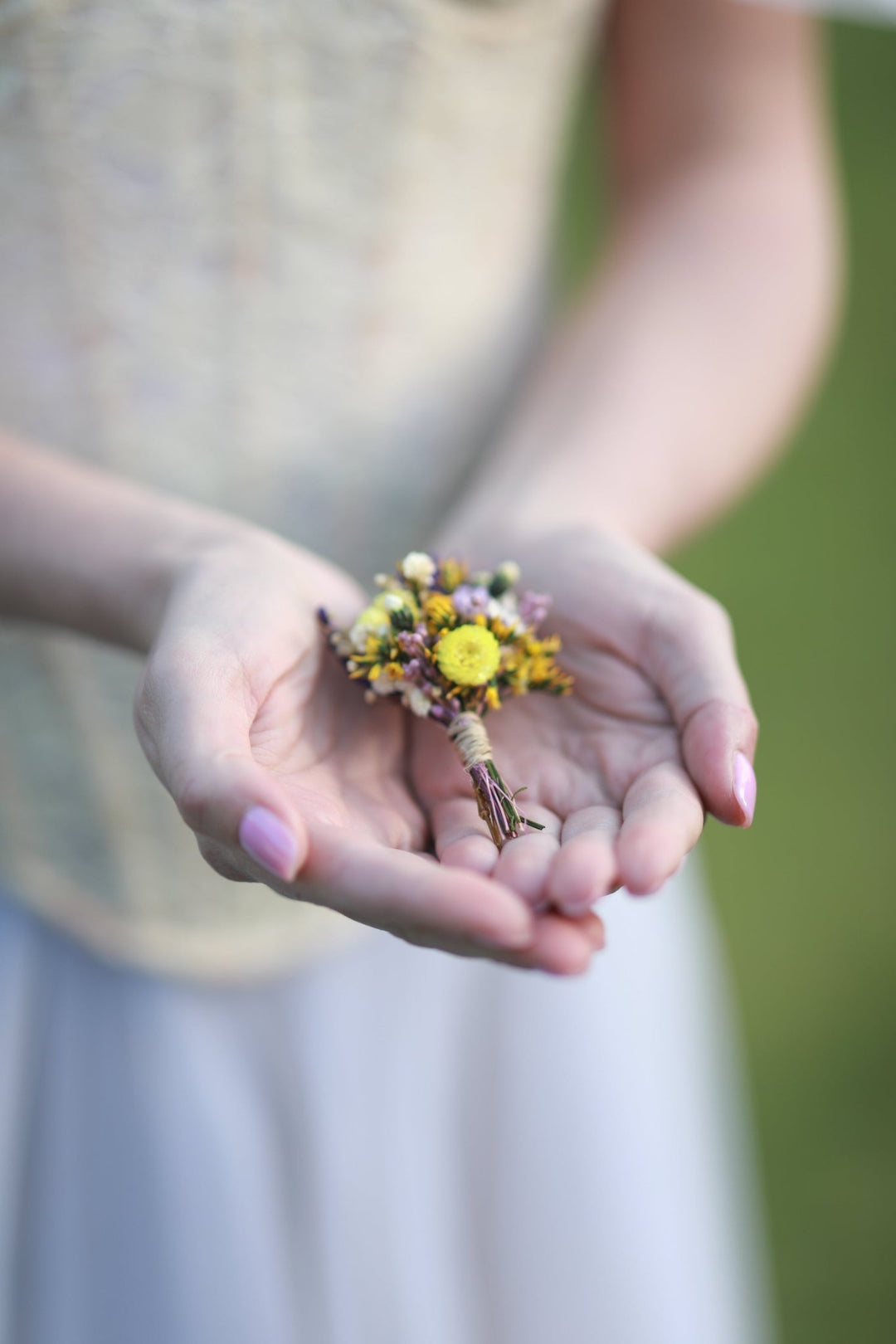 Wildflower Meadow Boutonniere with Lavender, Billy Buttons and Preserved Botanicals – handmade floral hair accessory by magaela