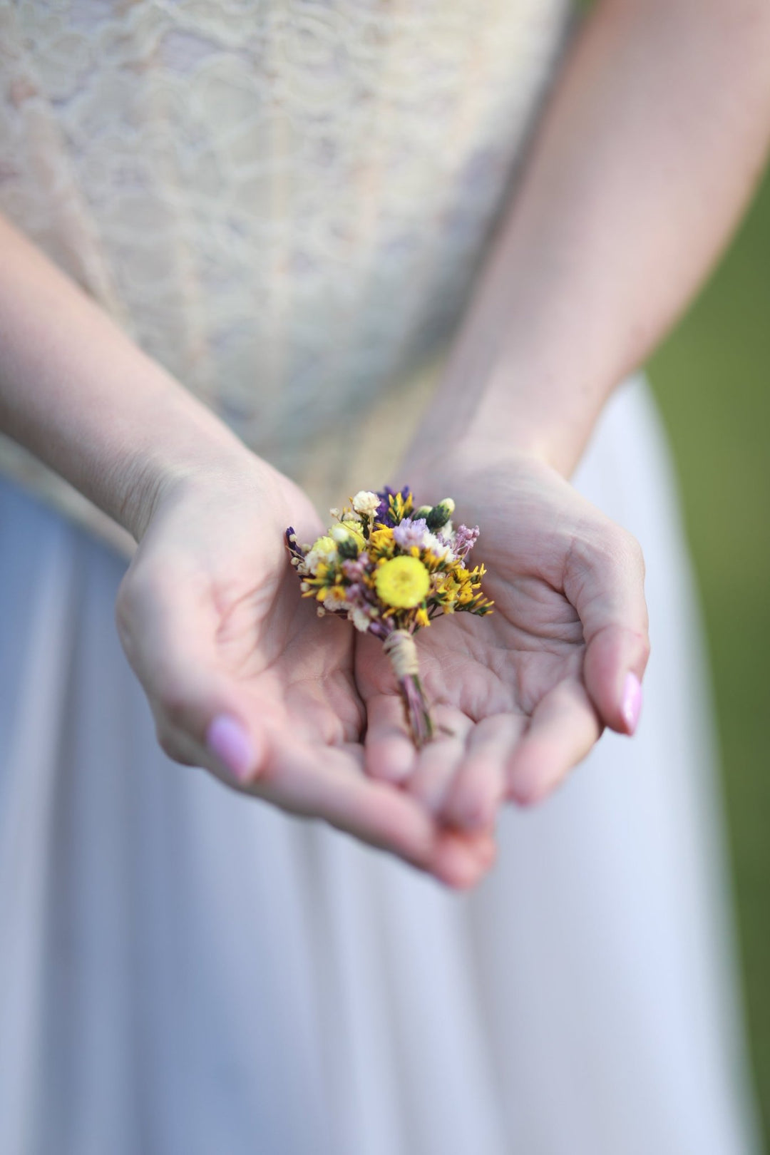Wildflower Meadow Boutonniere with Lavender, Billy Buttons and Preserved Botanicals – handmade floral hair accessory by magaela