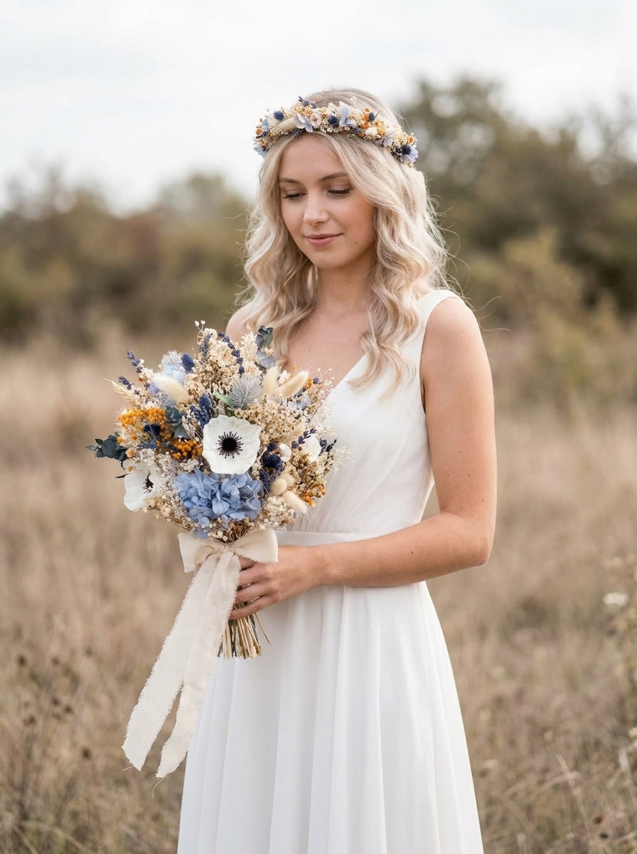 A woman in a sleeveless white dress stands outdoors in a field, holding a floral bouquet with blue, beige, and white tones. She wears a floral crown and has a soft, blurred natural background.