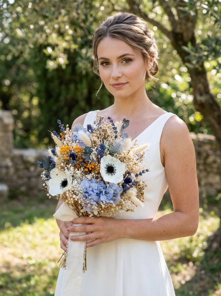 A woman in a white sleeveless dress holding a flower bouquet with blue, white, and orange flowers, standing outdoors in front of a blurred green background.