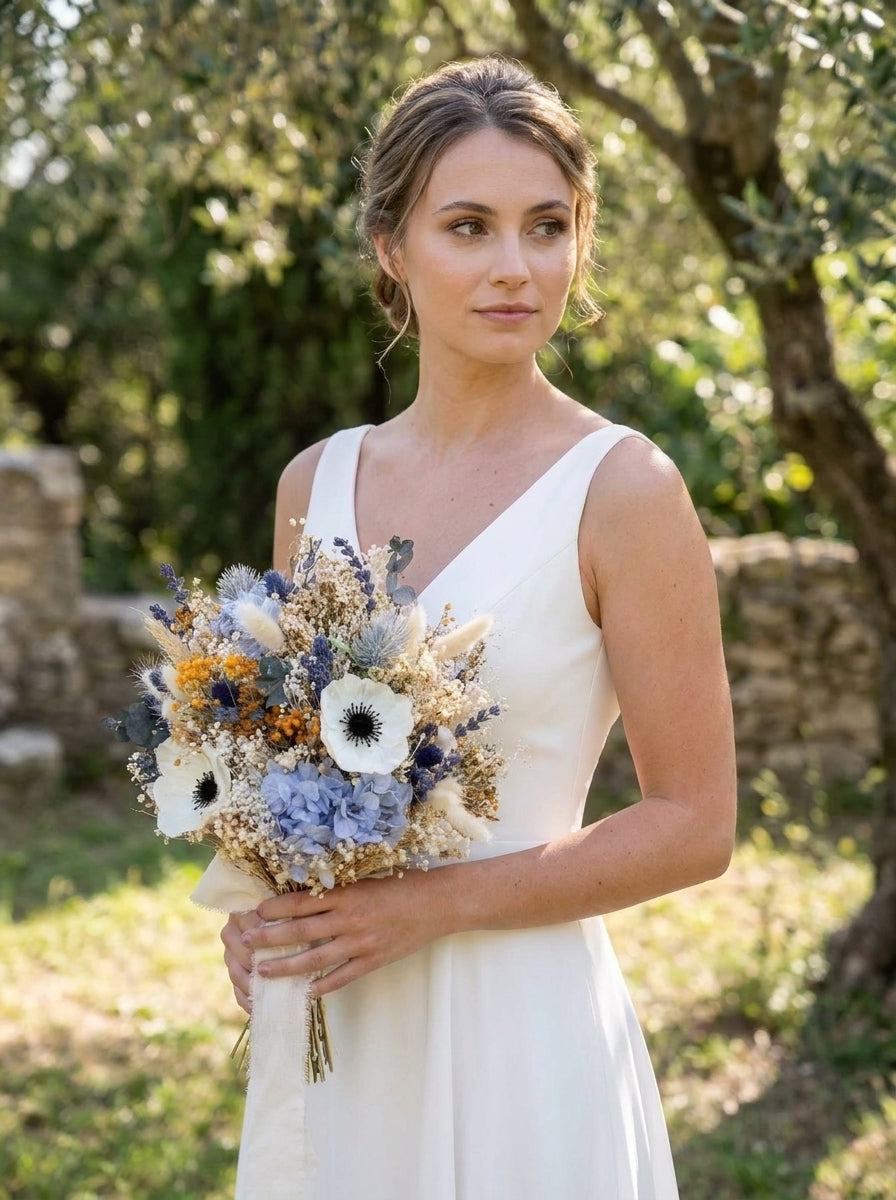 A woman wearing a sleeveless white V-neck dress stands outdoors in a sunlit garden holding a dried flower bouquet with white, blue, and yellow blooms.