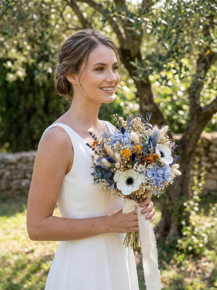 A woman in a sleeveless white dress holding a flower bouquet with blue, white, and orange flowers, standing outdoors in front of a tree.