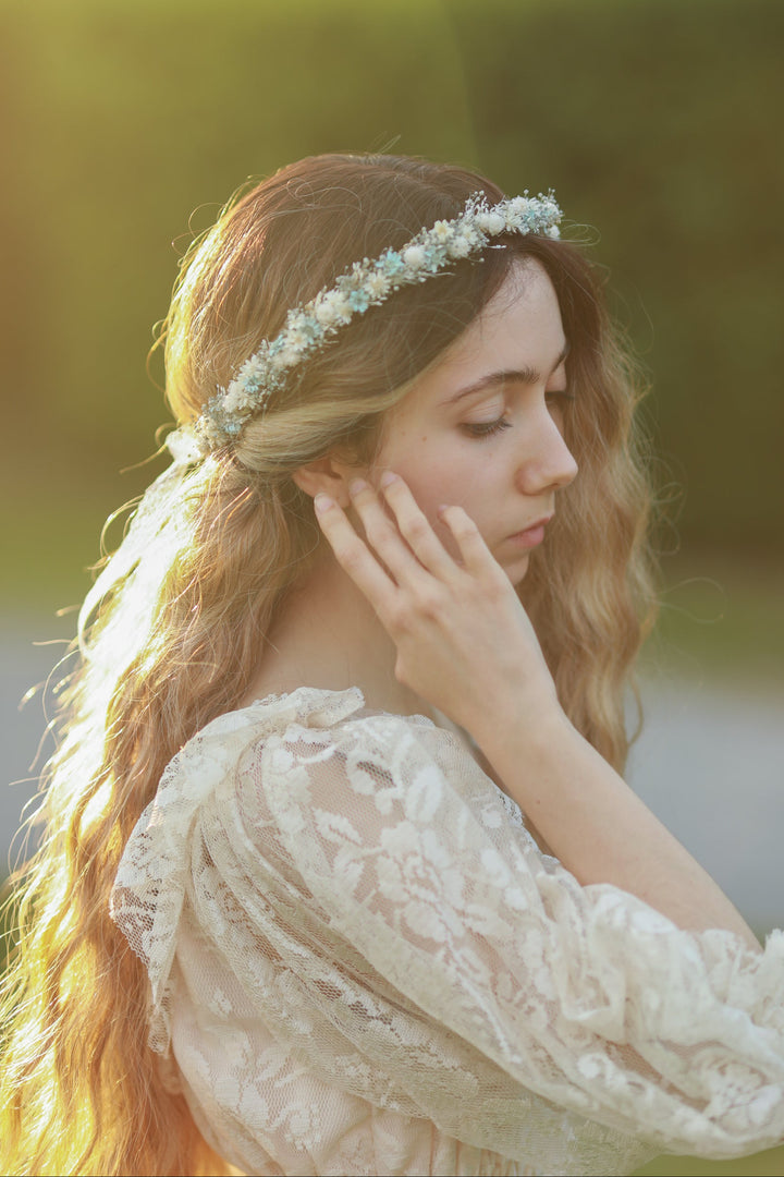 Blue and cream dried flower bridal crown worn in loose wavy hair, golden hour bridal portrait, handmade by Magaela 
