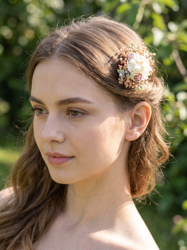 Floral Hair Clip with White/Pink Flowers and Preserved Gypsophila – handmade floral hair accessory by magaela