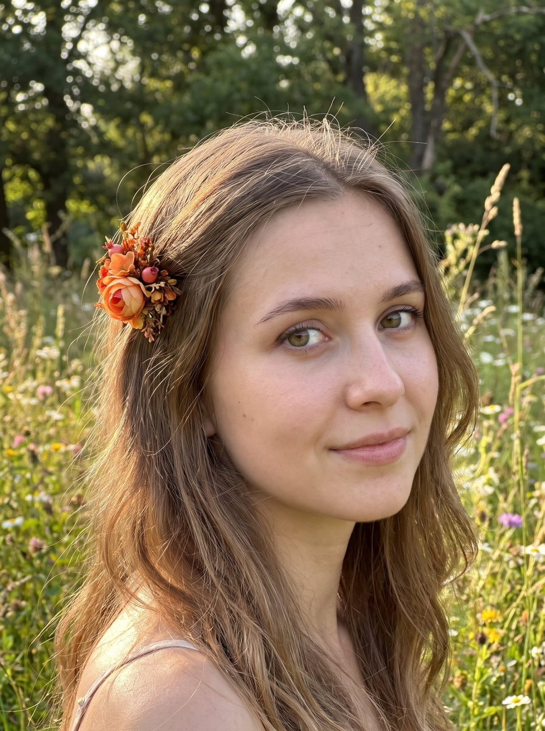 Autumn Hair Clip with Textile Peony, Orange Flowers and Artificial Rose Hips – handmade floral hair accessory by magaela