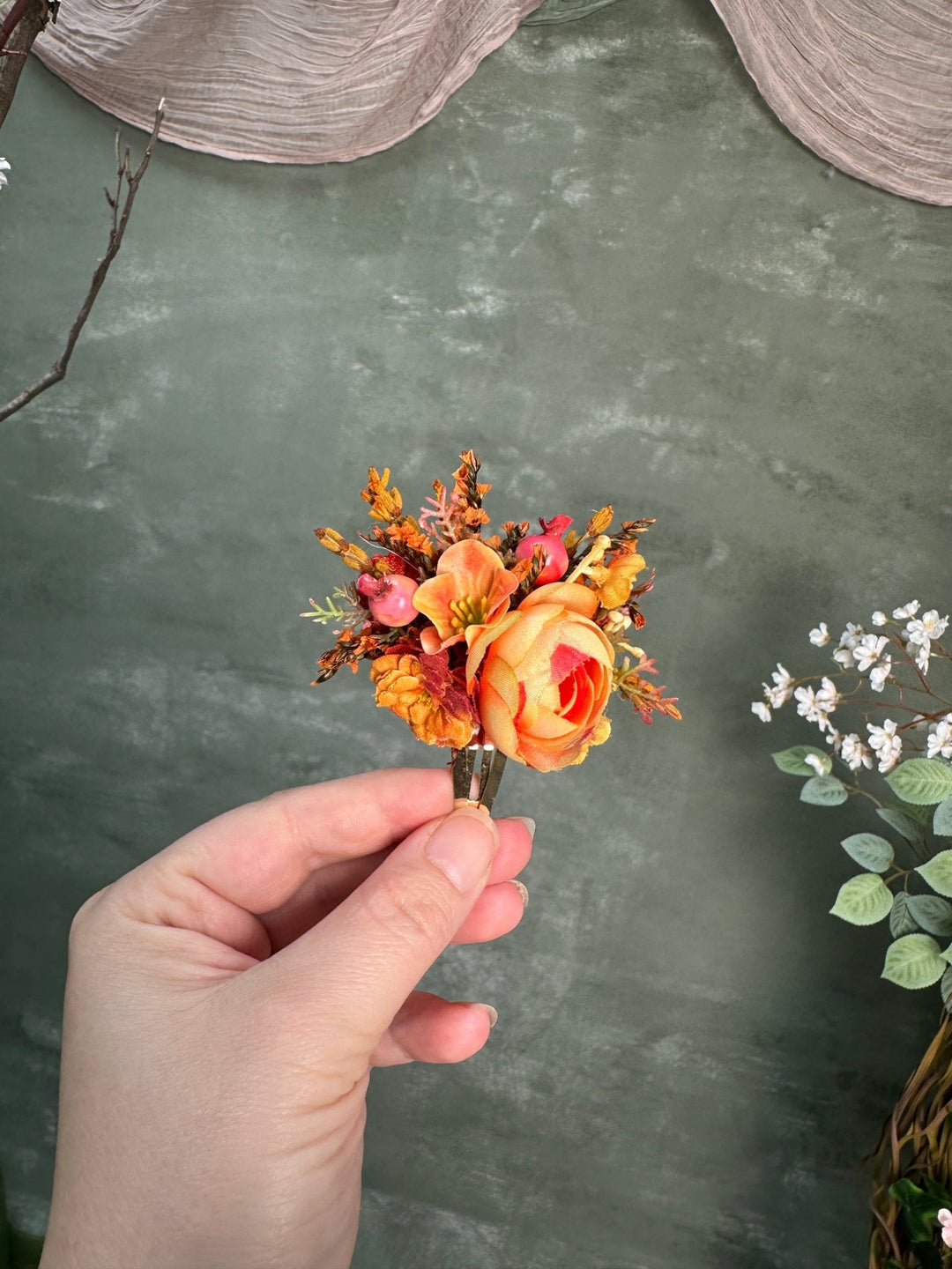 Autumn Hair Clip with Textile Peony, Orange Flowers and Artificial Rose Hips – handmade floral hair accessory by magaela