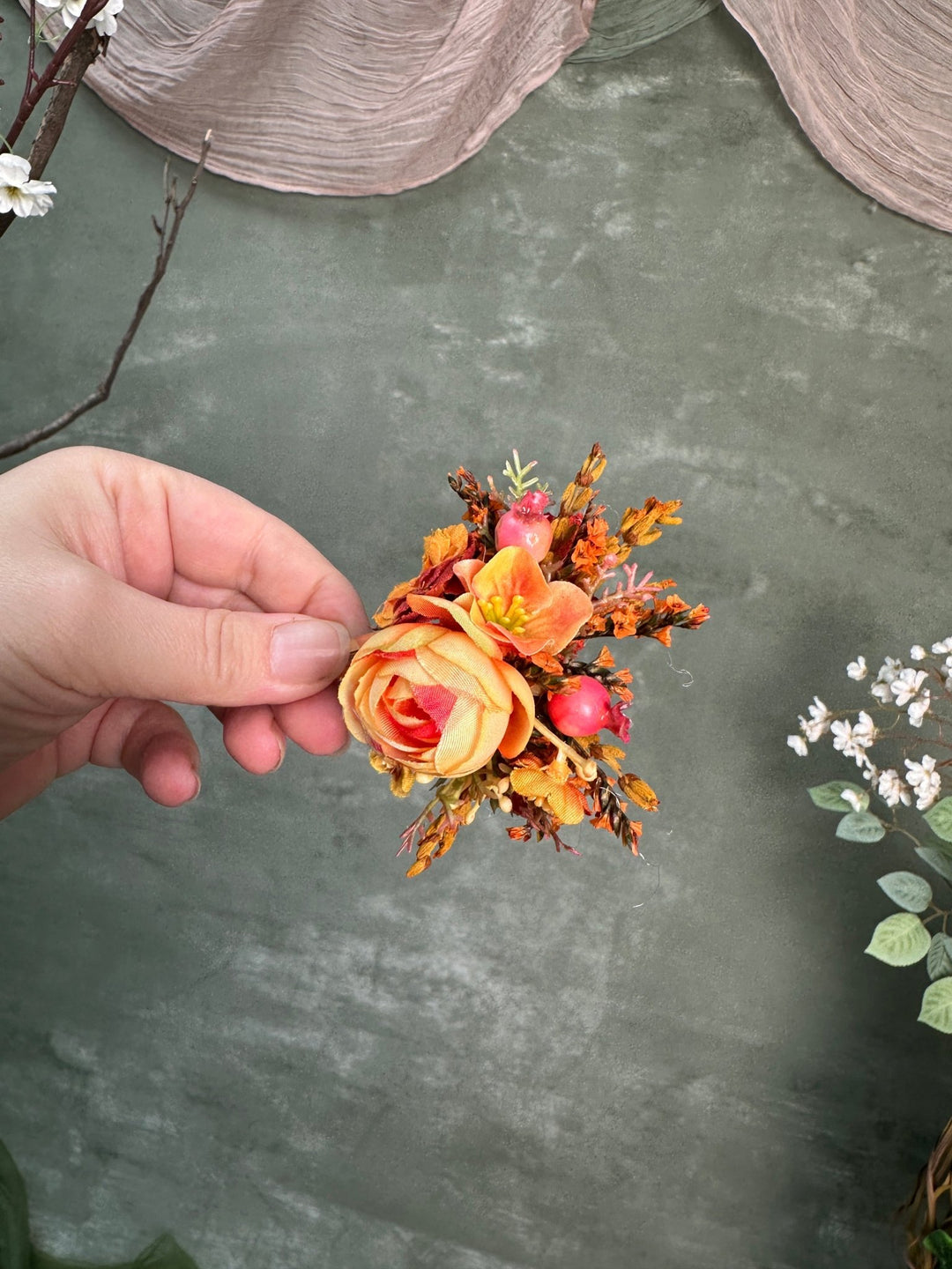 Autumn Hair Clip with Textile Peony, Orange Flowers and Artificial Rose Hips – handmade floral hair accessory by magaela