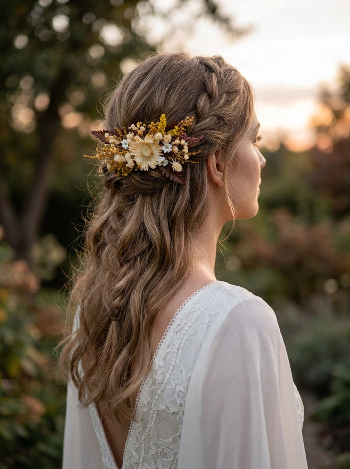 A woman in profile outdoors at sunset wearing a white lace dress and a floral hair accessory with dried flowers and greenery.