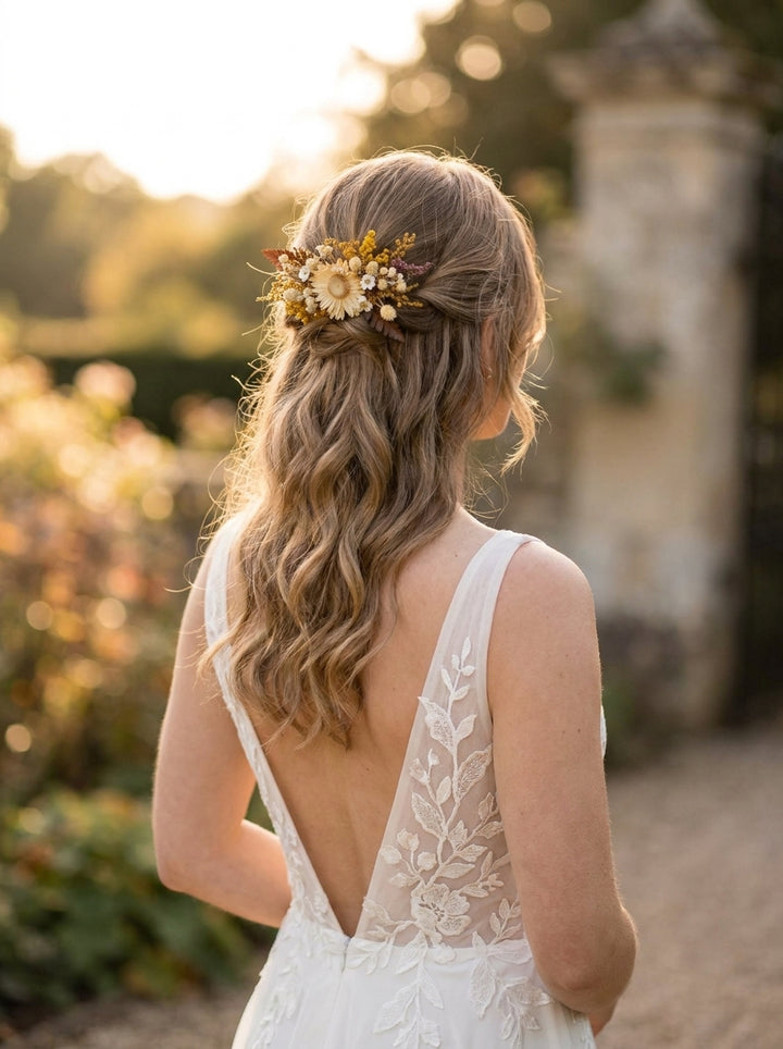 A woman seen from behind wearing a white lace bridal gown with an open back, styled with a floral hair accessory in a sunlit outdoor garden setting.